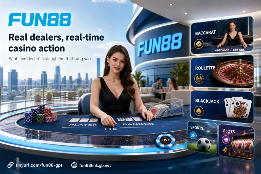 sảnh live casino Fun88 với dealer thật Baccarat Roulette Blackjack